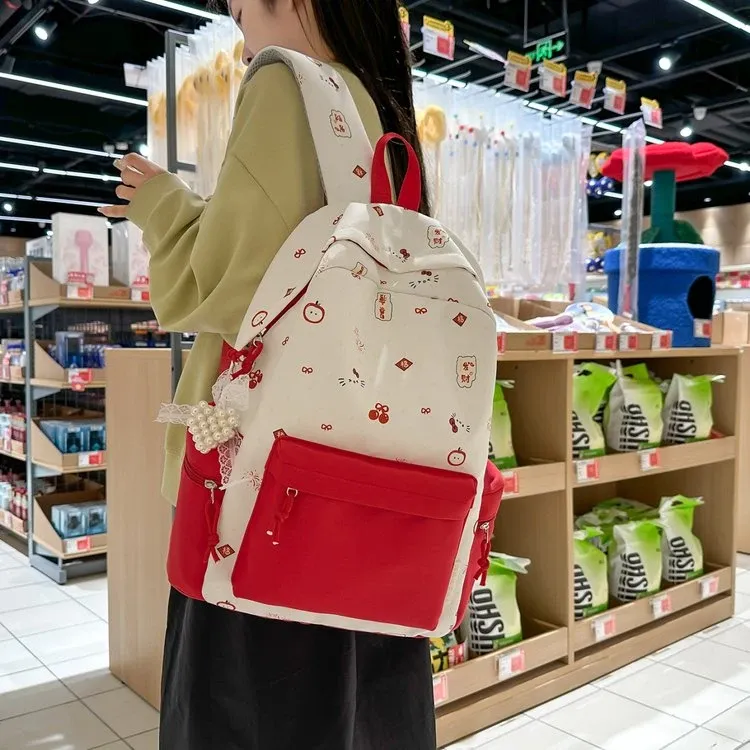 Tas Ransel Wanita Bahan Nylon Motif Print Warna Biru Bentuk Kotak Tali Lebar Motif Floral