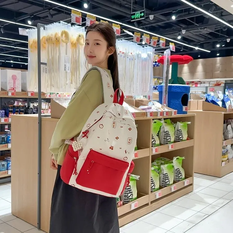 Tas Ransel Wanita Bahan Nylon Motif Print Warna Biru Bentuk Kotak Tali Lebar Motif Floral