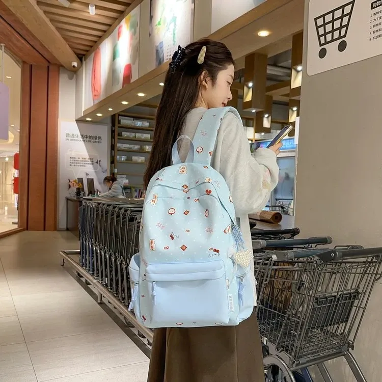 Tas Ransel Wanita Bahan Nylon Motif Print Warna Biru Bentuk Kotak Tali Lebar Motif Floral