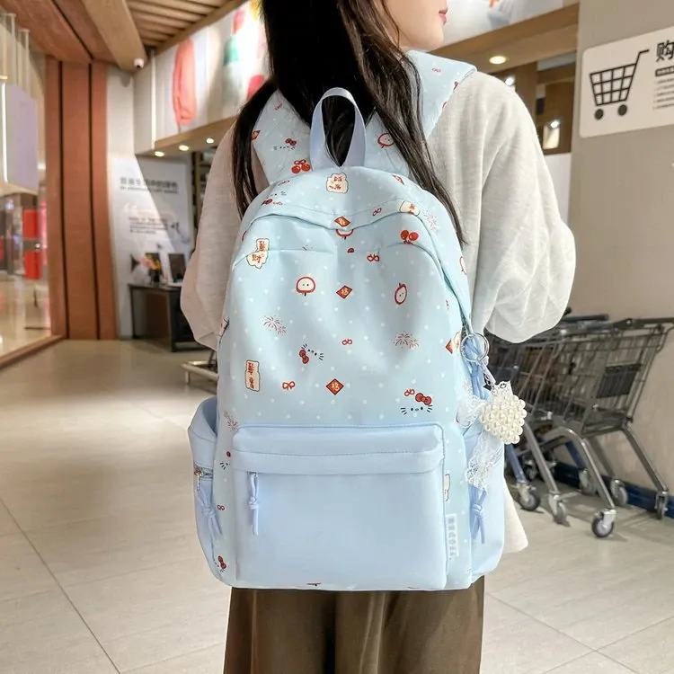 Tas Ransel Wanita Bahan Nylon Motif Print Warna Biru Bentuk Kotak Tali Lebar Motif Floral