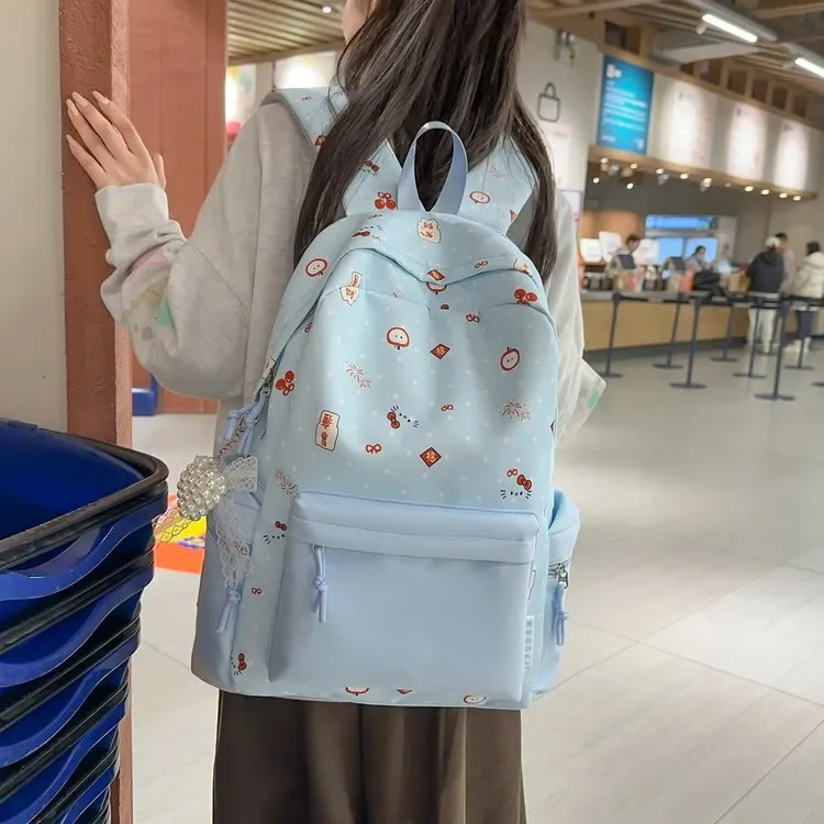 Tas Ransel Wanita Bahan Nylon Motif Print Warna Biru Bentuk Kotak Tali Lebar Motif Floral