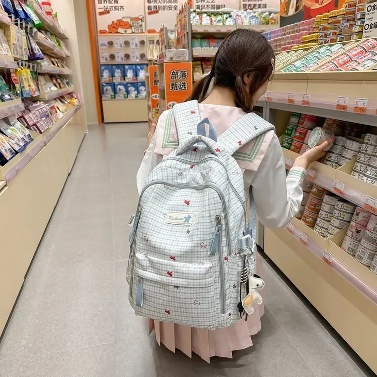 Tas Ransel Wanita Bahan Oxford Motif Print Warna Putih Bentuk Kotak Tali Lebar Grosir Import