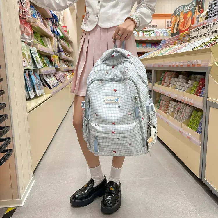 Tas Ransel Wanita Bahan Oxford Motif Print Warna Putih Bentuk Kotak Tali Lebar Grosir Import