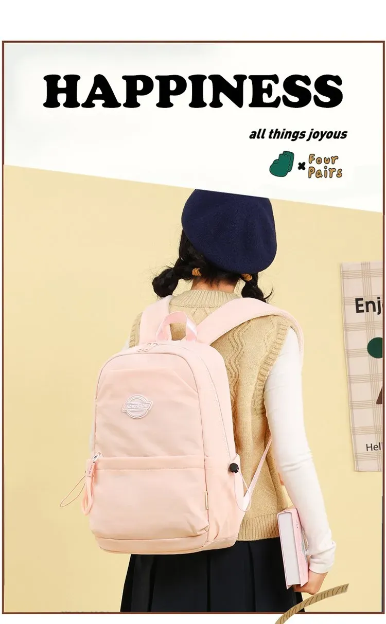 Tas Ransel Wanita Bahan Nylon Polos Bentuk Kotak Tali Lebar Resleting Bahan Polyester Grosir