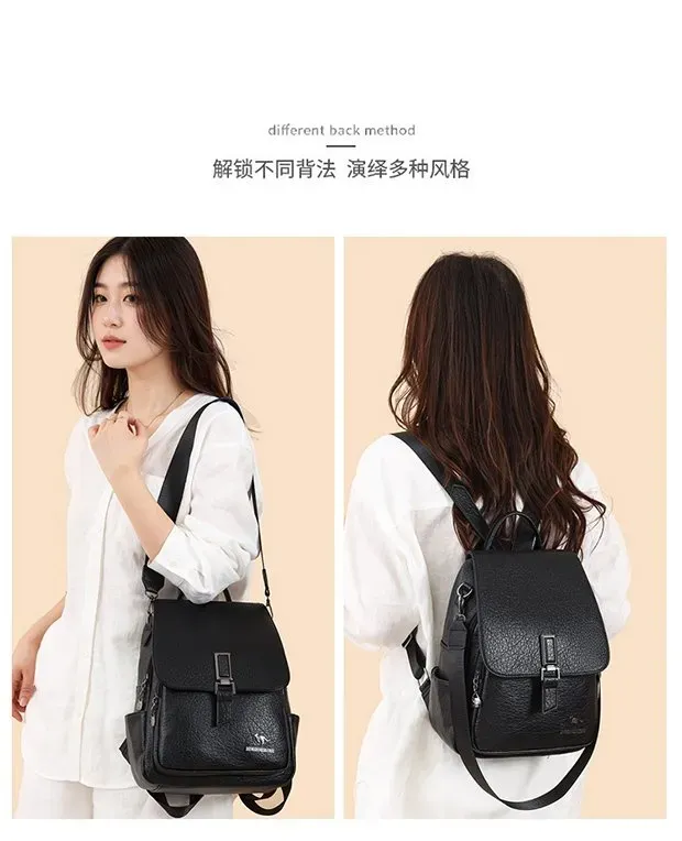 Tas Ransel Wanita Bahan PU Sintetis Polos Warna Hitam Bentuk Kotak Tali Lebar untuk Travel