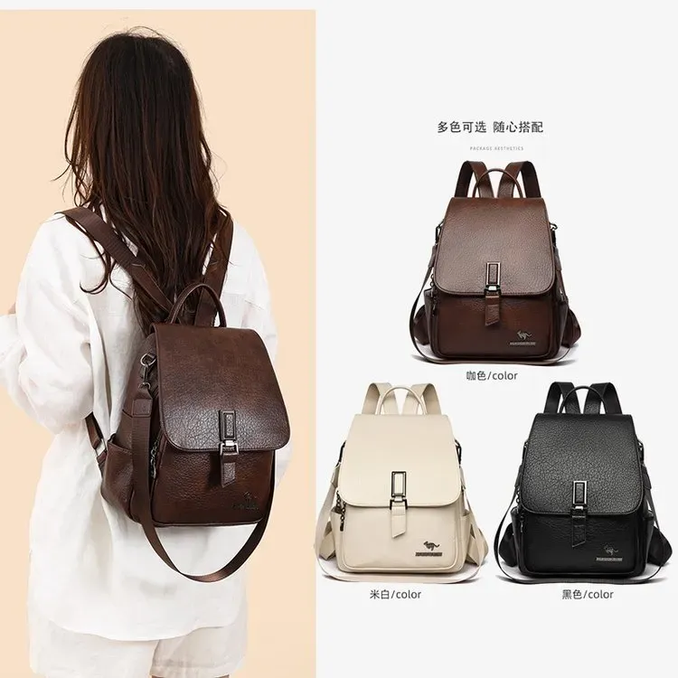 Tas Ransel Wanita Bahan PU Sintetis Polos Warna Hitam Bentuk Kotak Tali Lebar untuk Travel