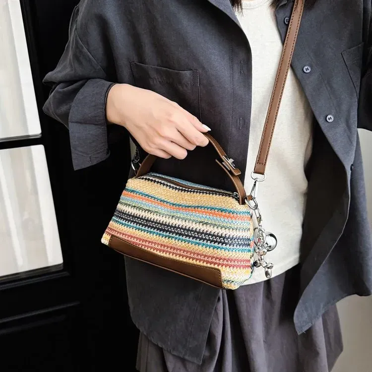 Tas Selempang Wanita Bahan PU Sintetis Motif Garis Bentuk Kotak Tali Panjang Grosir Import