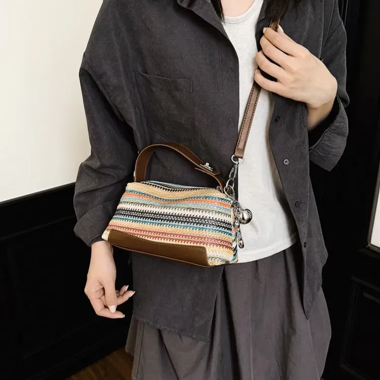 Tas Selempang Wanita Bahan PU Sintetis Motif Garis Bentuk Kotak Tali Panjang Grosir Import