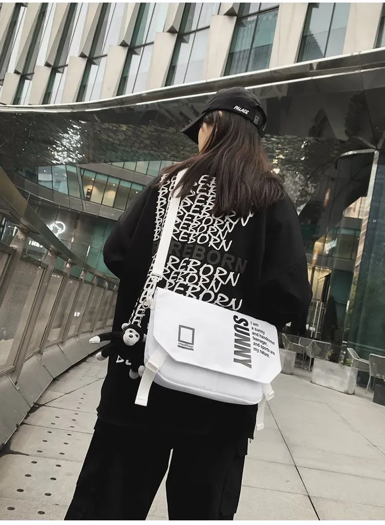 Tas Selempang Wanita Bahan Nylon Motif Print Warna Putih Bentuk Kotak Tali Lebar Grosir Import