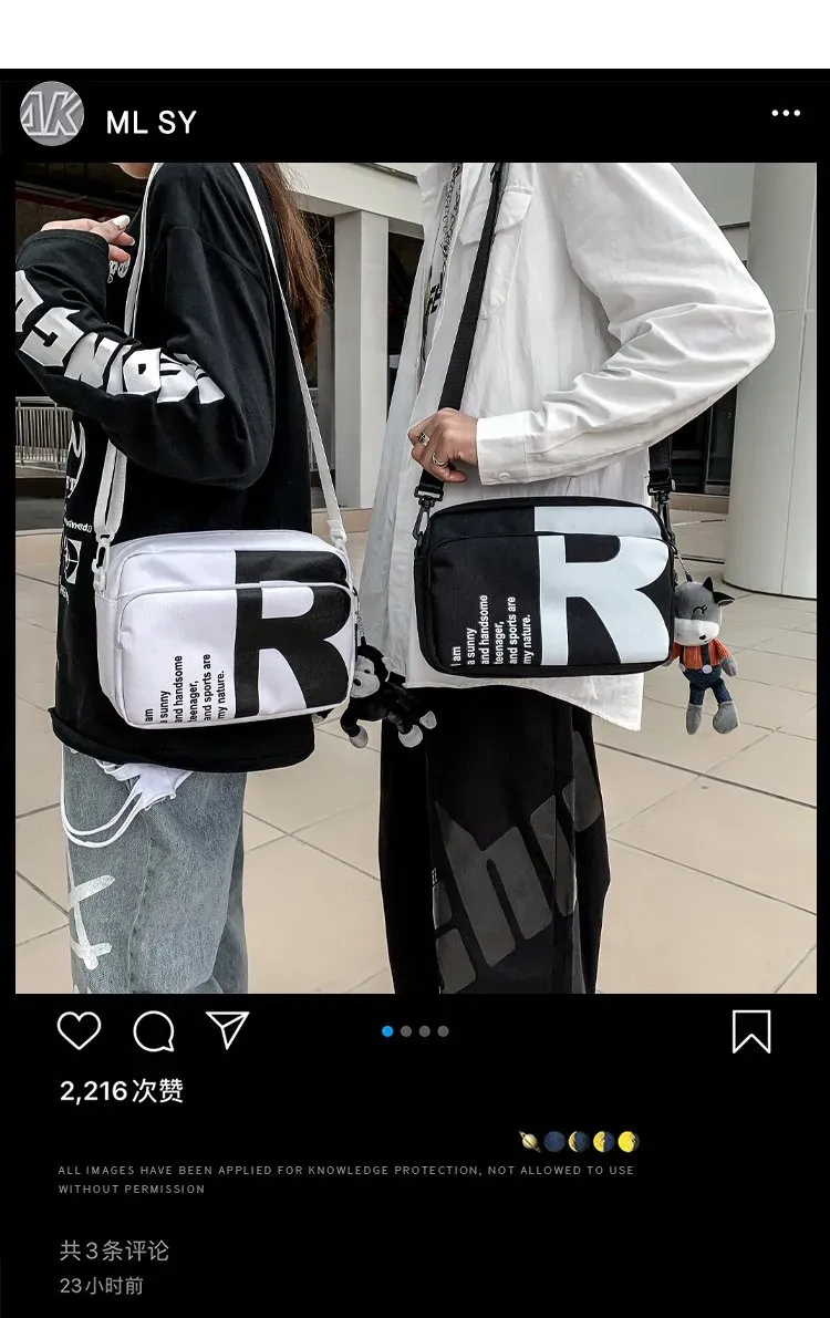 Tas Selempang Pria Bahan Nylon Motif Print Warna Hitam Bentuk Kotak Tali Panjang Grosir Import