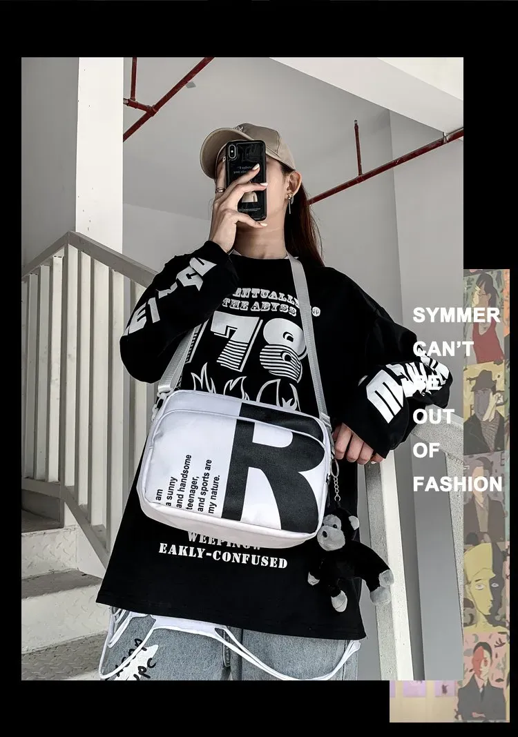 Tas Selempang Pria Bahan Nylon Motif Print Warna Hitam Bentuk Kotak Tali Panjang Grosir Import