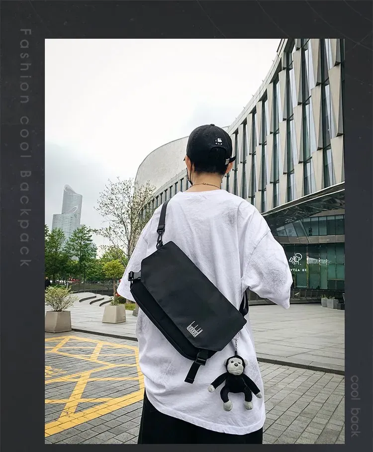 Tas Selempang Pria Bahan Nylon Polos Warna Hitam Bentuk Kotak Tali Panjang Grosir Import