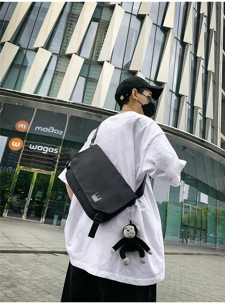 Tas Selempang Pria Bahan Nylon Polos Warna Hitam Bentuk Kotak Tali Panjang Grosir Import