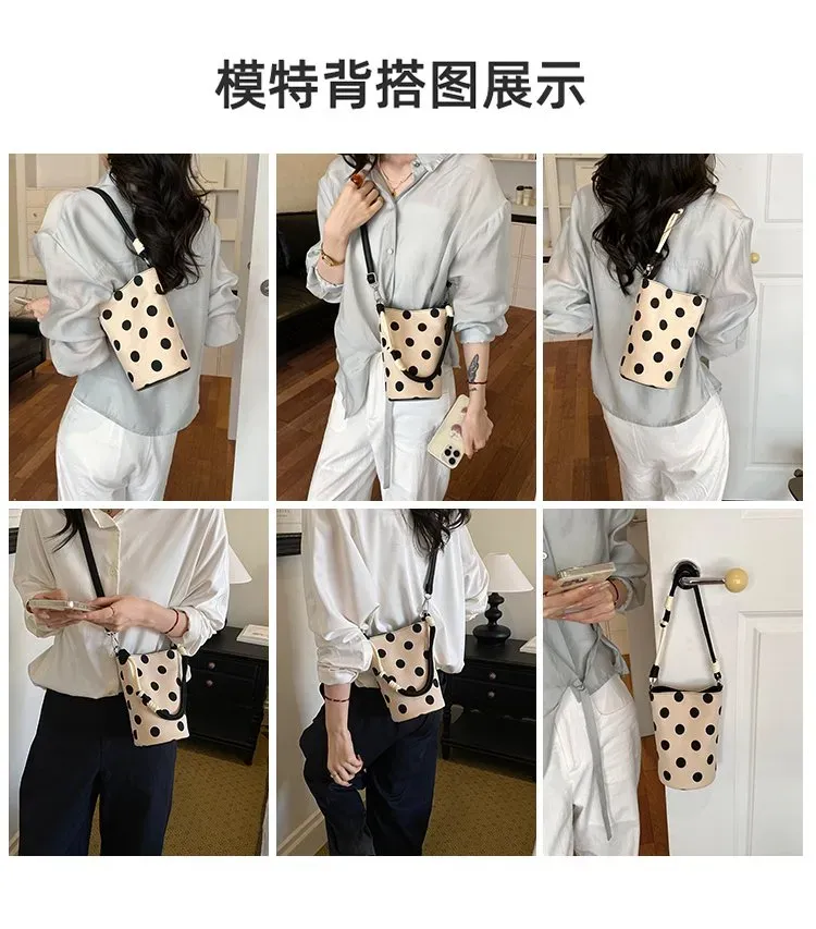 Tas Bucket Wanita Bahan PU Sintetis Motif Polkadot Bentuk Bucket Tali Panjang Grosir Import