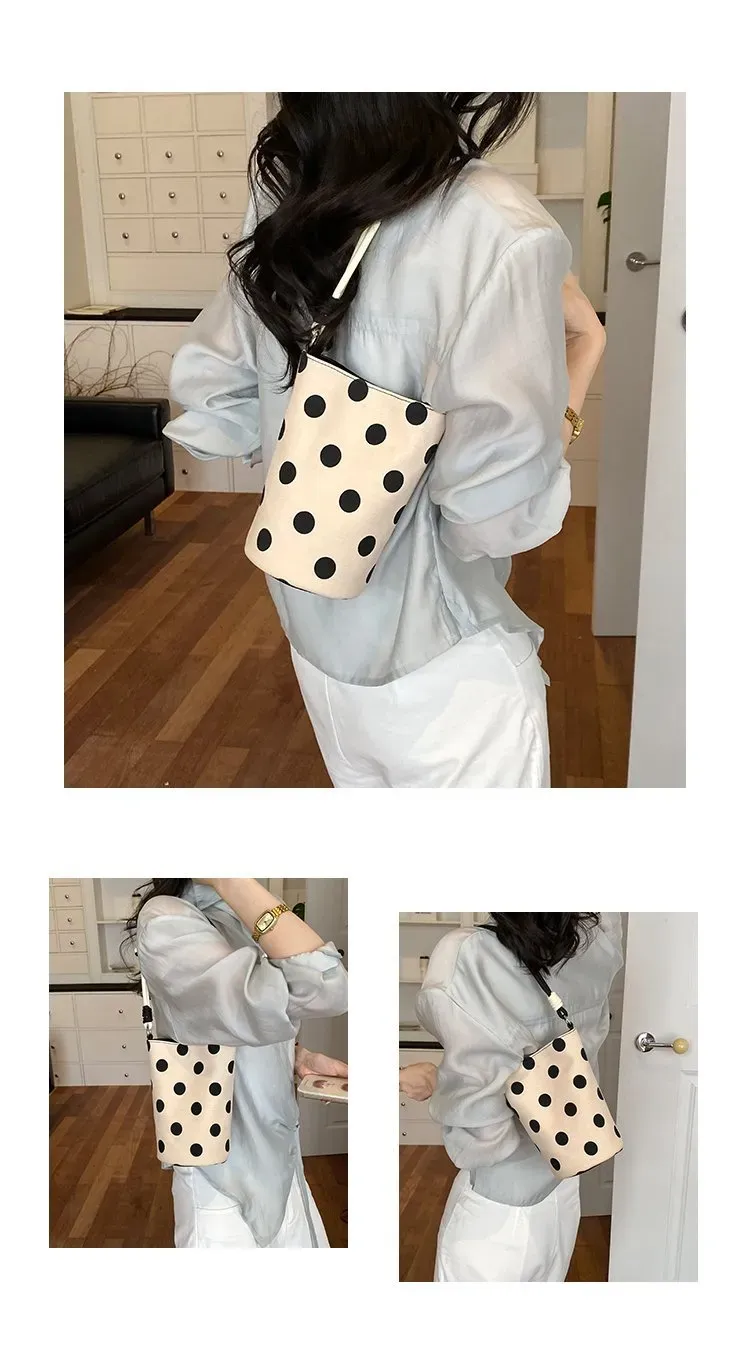 Tas Bucket Wanita Bahan PU Sintetis Motif Polkadot Bentuk Bucket Tali Panjang Grosir Import