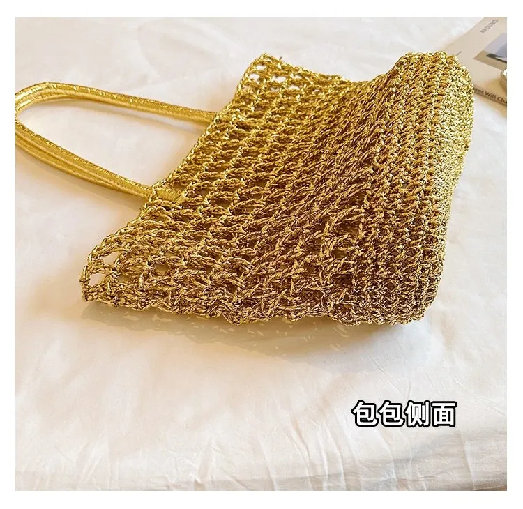 Tas Selempang Wanita Bahan PU Sintetis Tekstur Anyam Warna Gold Bentuk Kotak Grosir Import