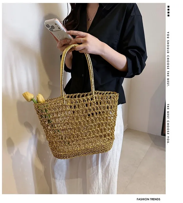 Tas Selempang Wanita Bahan PU Sintetis Tekstur Anyam Warna Gold Bentuk Kotak Grosir Import