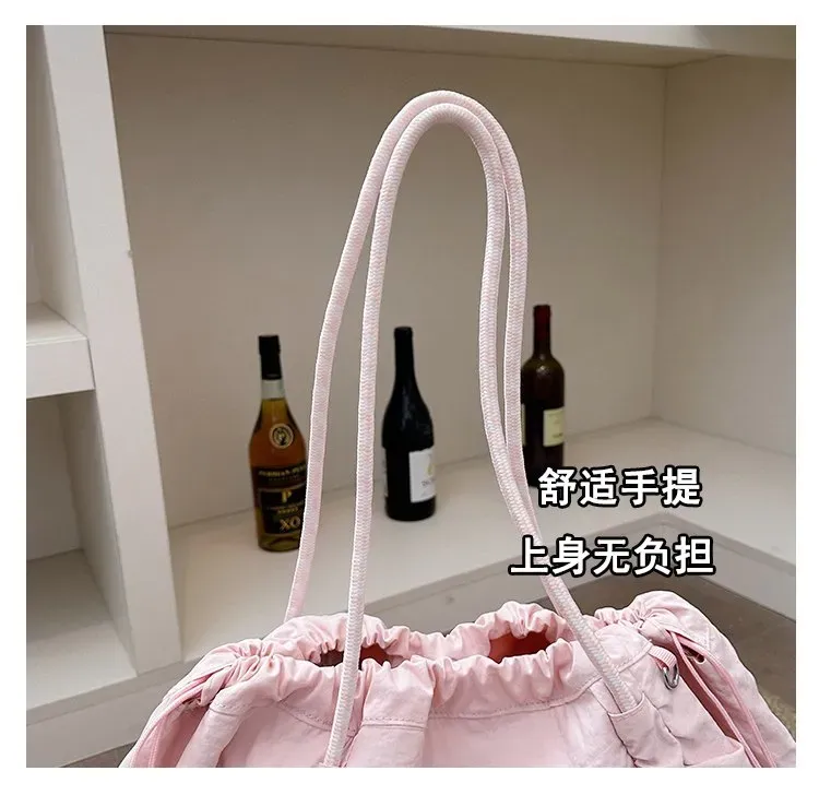 Tas Selempang Wanita Bahan Nylon Polos Warna Pink Bentuk Kotak Tali Panjang Stok Grosir