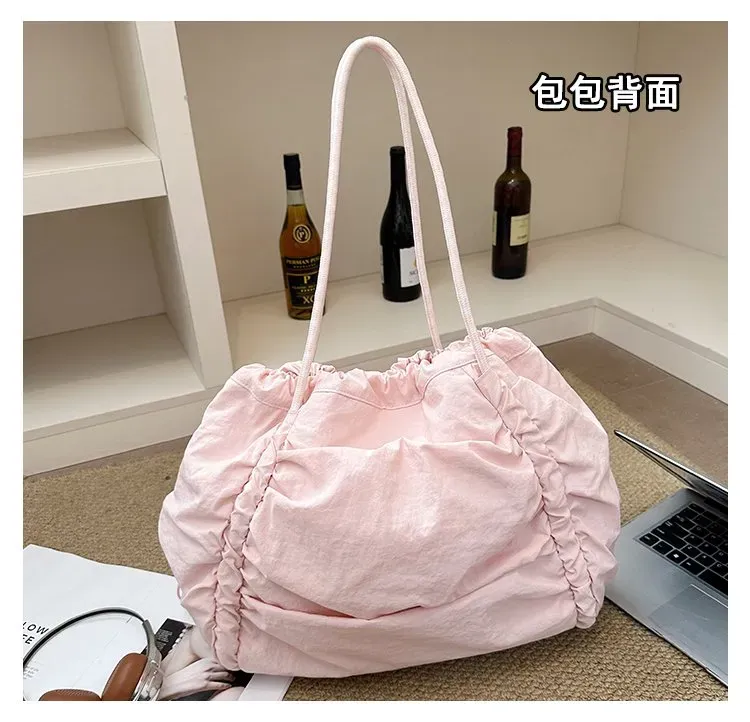 Tas Selempang Wanita Bahan Nylon Polos Warna Pink Bentuk Kotak Tali Panjang Stok Grosir