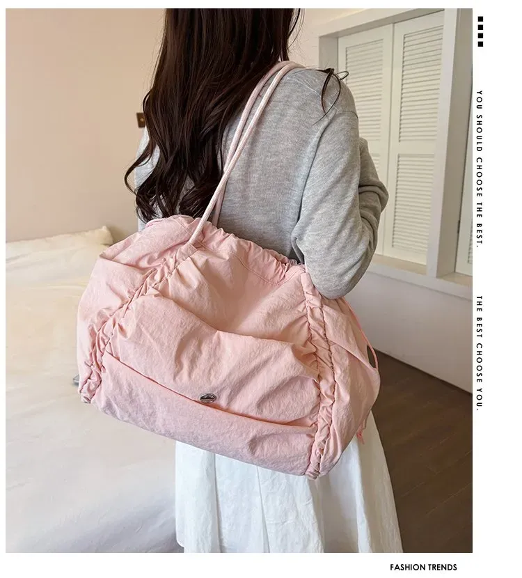 Tas Selempang Wanita Bahan Nylon Polos Warna Pink Bentuk Kotak Tali Panjang Stok Grosir