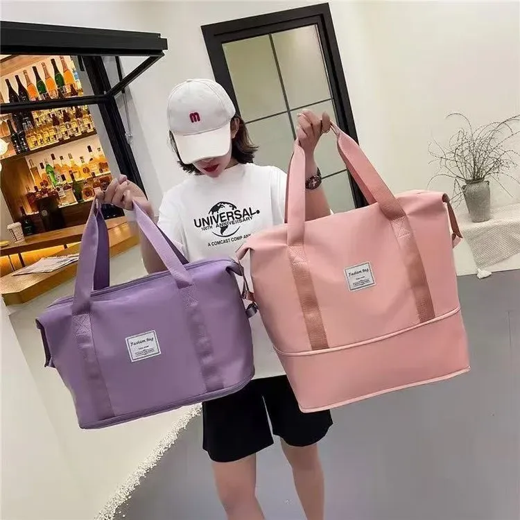 Tas Selempang Wanita Bahan Nylon Polos Warna Pink Bentuk Kotak Tali Lebar untuk Travel Grosir