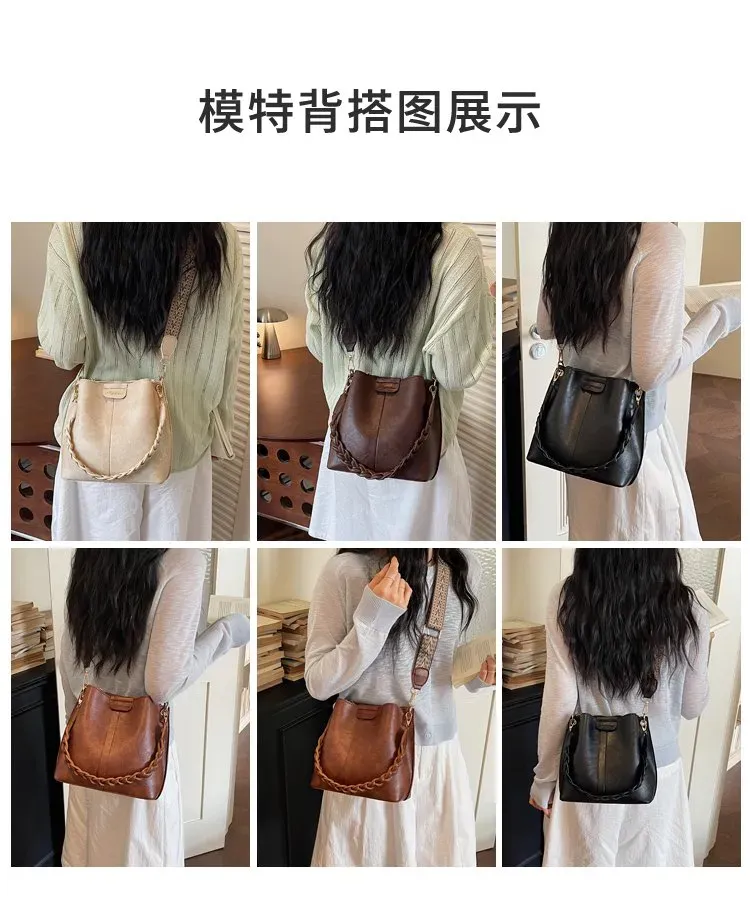 Tas Bucket Wanita Bahan PU Sintetis Polos Bentuk Bucket Tali Lebar Resleting untuk Reseller