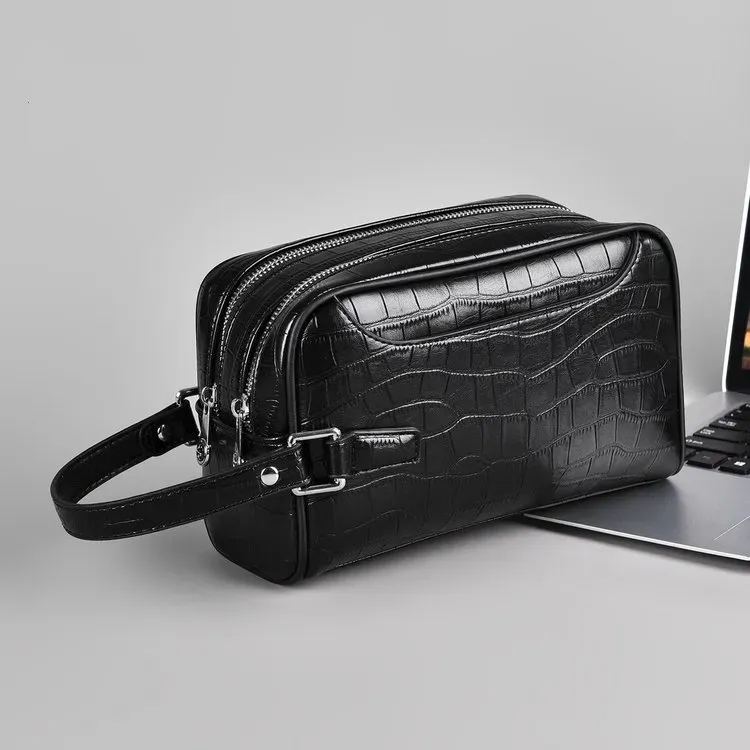 Tas Selempang Pria Bahan PU Sintetis Polos Warna Hitam Bentuk Kotak Tali Panjang Model Import
