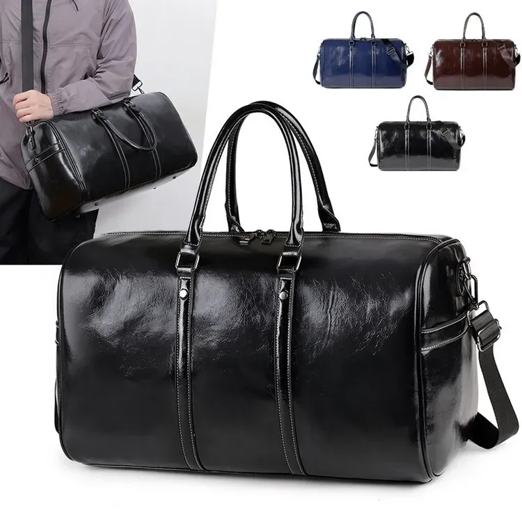 Tas Selempang Pria Bahan PU Sintetis Polos Warna Hitam Bentuk Kotak Tali Panjang Model Import