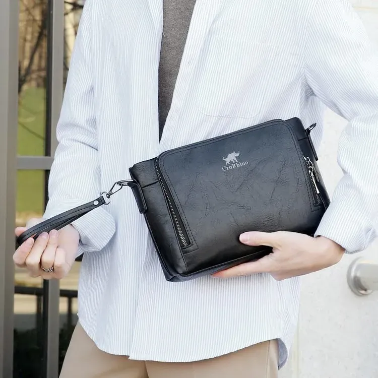 Tas Selempang Pria Bahan PU Sintetis Polos Warna Hitam Bentuk Kotak Tali Panjang Model Import