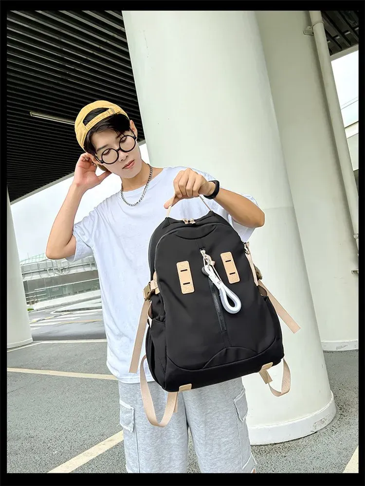 Tas Ransel Pria Bahan Oxford Polos Warna Hitam Bentuk Kotak Tali Lebar Resleting untuk Sekolah