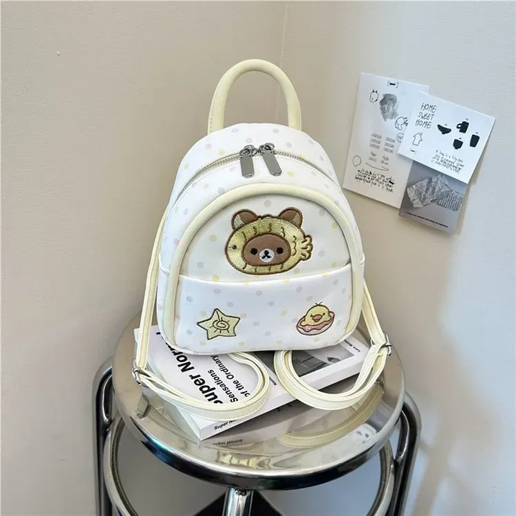 Tas Ransel Wanita Bahan PU Sintetis Motif Polkadot Warna Putih Bentuk Kotak Tali Resleting