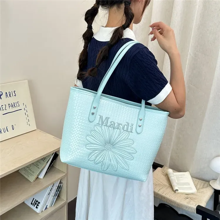 Tas Tote Wanita Bahan PU Sintetis Model Quilted Warna Biru Bentuk Kotak Tali Grosir Import