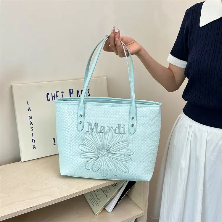 Tas Tote Wanita Bahan PU Sintetis Model Quilted Warna Biru Bentuk Kotak Tali Grosir Import