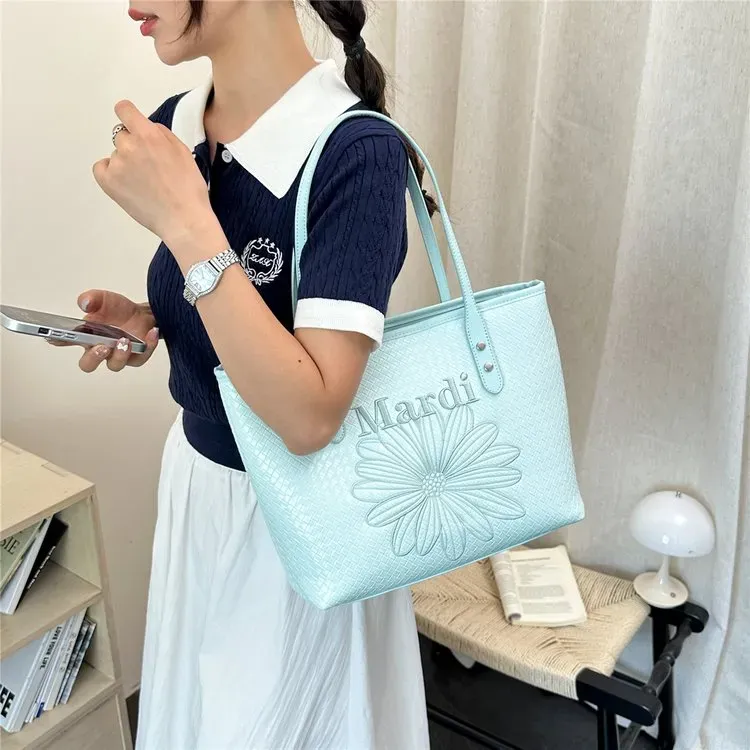 Tas Tote Wanita Bahan PU Sintetis Model Quilted Warna Biru Bentuk Kotak Tali Grosir Import