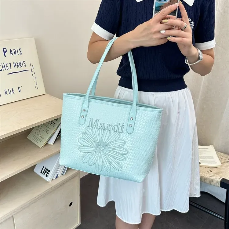 Tas Tote Wanita Bahan PU Sintetis Model Quilted Warna Biru Bentuk Kotak Tali Grosir Import