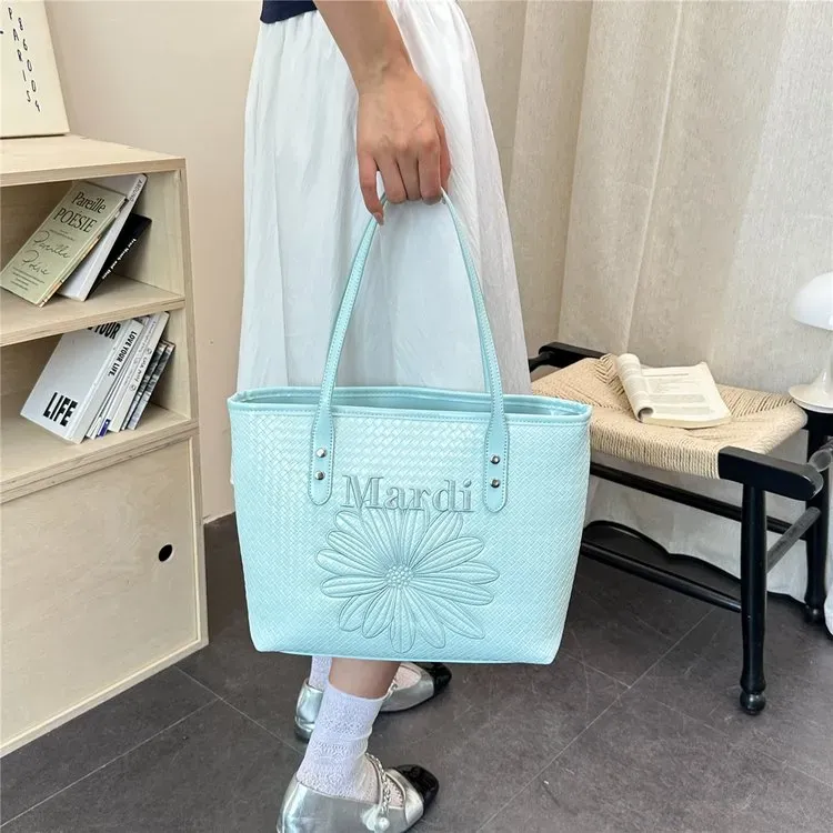 Tas Tote Wanita Bahan PU Sintetis Model Quilted Warna Biru Bentuk Kotak Tali Grosir Import