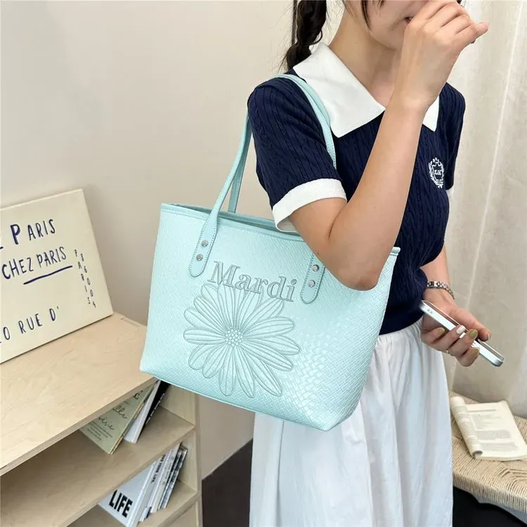 Tas Tote Wanita Bahan PU Sintetis Model Quilted Warna Biru Bentuk Kotak Tali Grosir Import