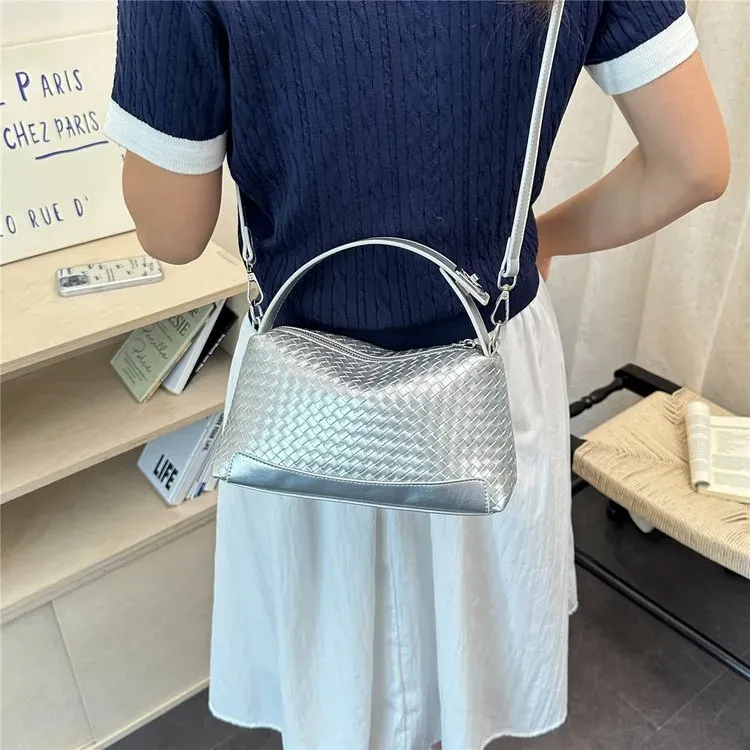 Tas Selempang Wanita Bahan PU Sintetis Tekstur Anyam Warna Biru Model Hobo Tali Grosir Import