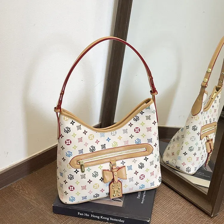 Tas Selempang Wanita Bahan PU Sintetis Motif Print Warna Putih Model Hobo Tali Grosir Import