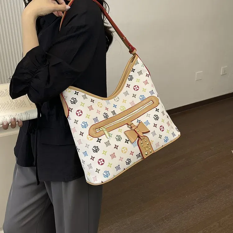 Tas Selempang Wanita Bahan PU Sintetis Motif Print Warna Putih Model Hobo Tali Grosir Import