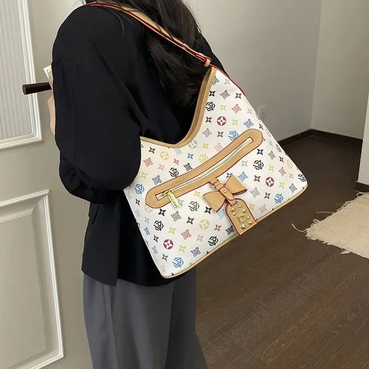 Tas Selempang Wanita Bahan PU Sintetis Motif Print Warna Putih Model Hobo Tali Grosir Import