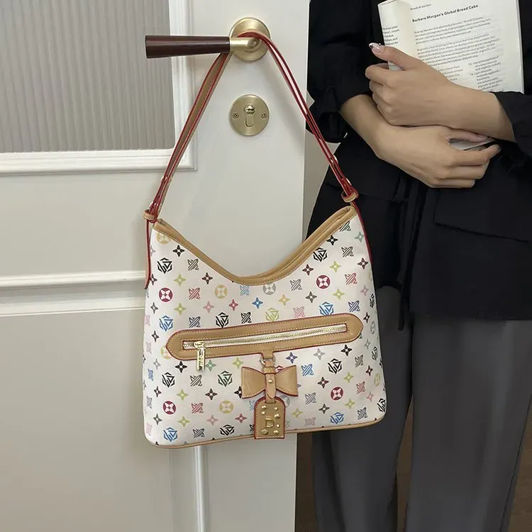 Tas Selempang Wanita Bahan PU Sintetis Motif Print Warna Putih Model Hobo Tali Grosir Import