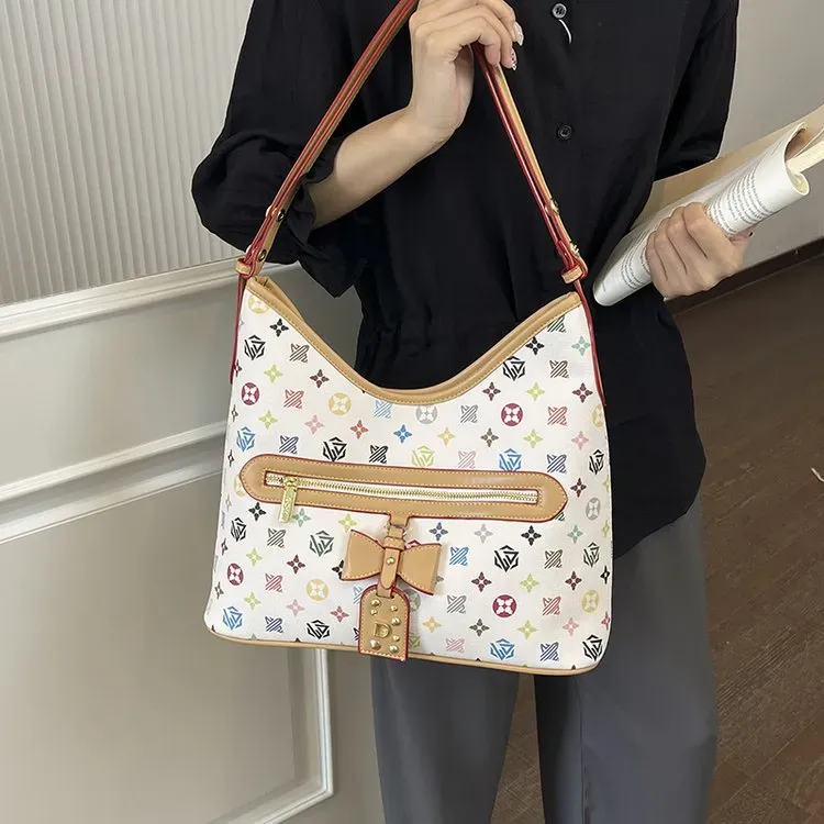 Tas Selempang Wanita Bahan PU Sintetis Motif Print Warna Putih Model Hobo Tali Grosir Import