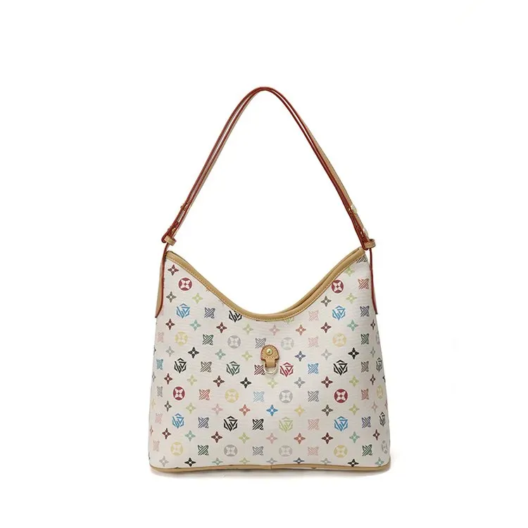 Tas Selempang Wanita Bahan PU Sintetis Motif Print Warna Putih Model Hobo Tali Grosir Import