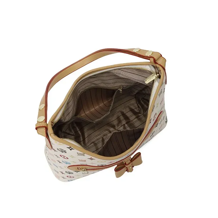 Tas Selempang Wanita Bahan PU Sintetis Motif Print Warna Putih Model Hobo Tali Grosir Import