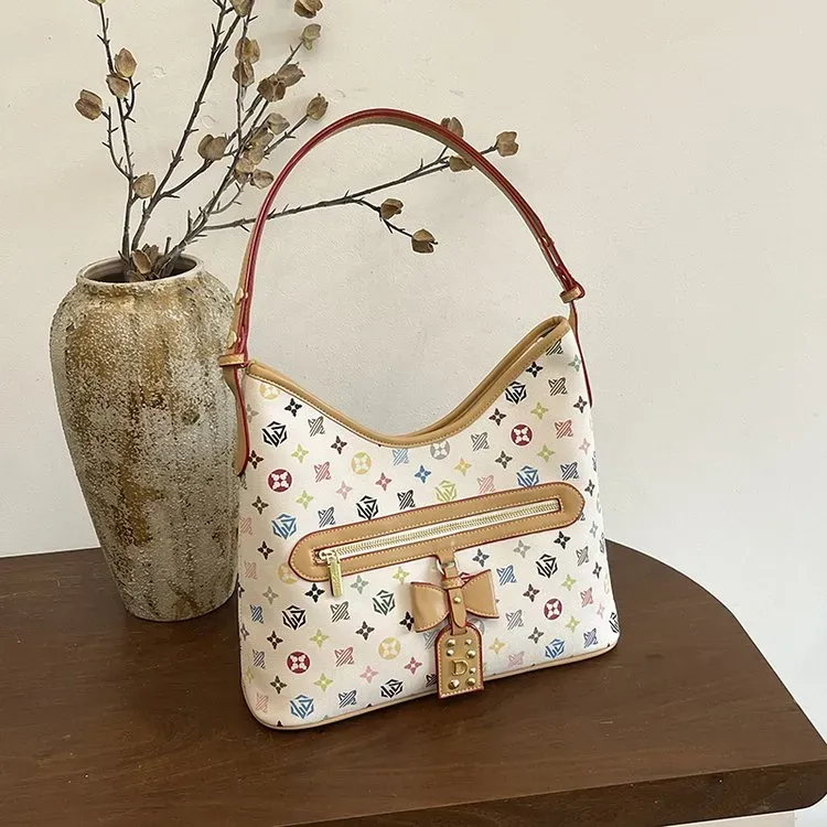 Tas Selempang Wanita Bahan PU Sintetis Motif Print Warna Putih Model Hobo Tali Grosir Import