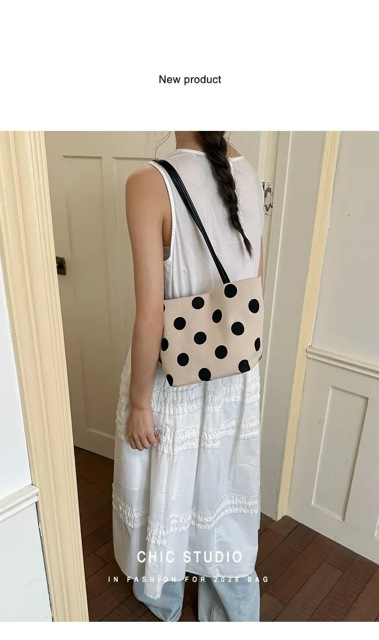 Tas Selempang Wanita Bahan PU Sintetis Motif Polkadot Warna Putih Bentuk Kotak Resleting