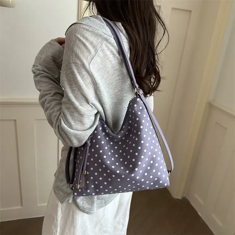 Tas Selempang Wanita Bahan Kanvas Motif Polkadot Warna Pink Model Hobo Tali Grosir Import