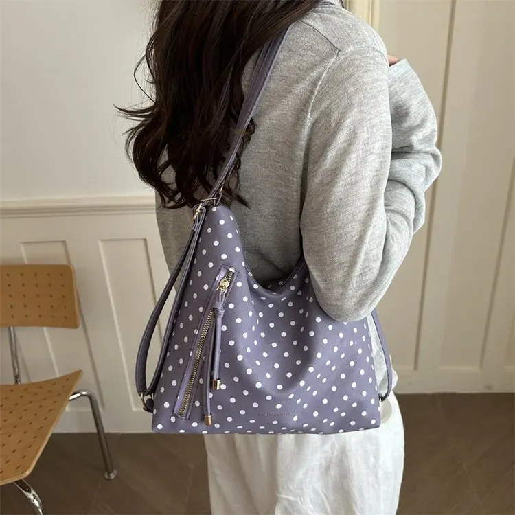 Tas Selempang Wanita Bahan Kanvas Motif Polkadot Warna Pink Model Hobo Tali Grosir Import