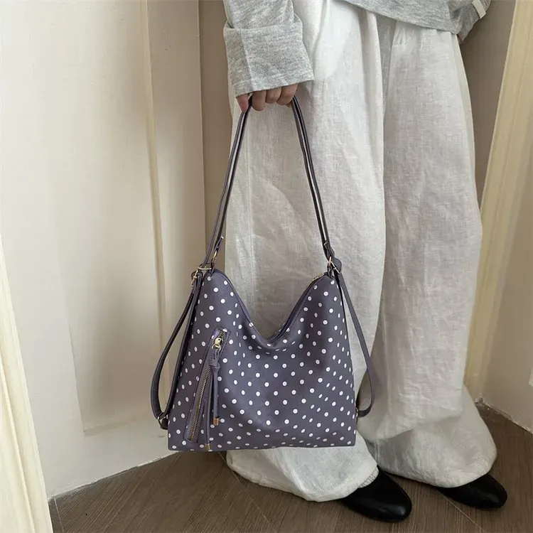 Tas Selempang Wanita Bahan Kanvas Motif Polkadot Warna Pink Model Hobo Tali Grosir Import